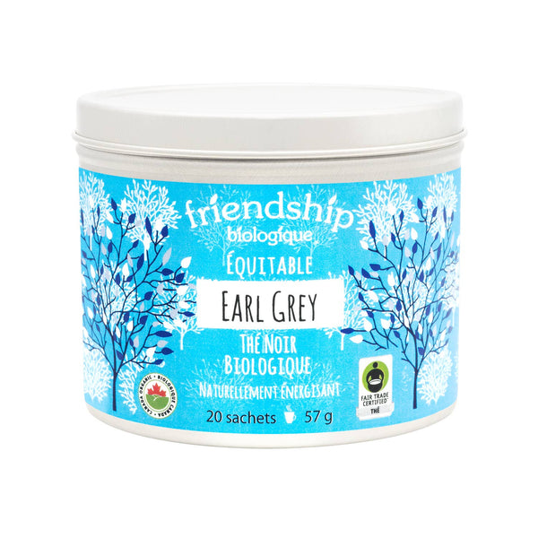 Friendship Organics Fair Trade certified organic Earl Grey tea packaging detail and certifications