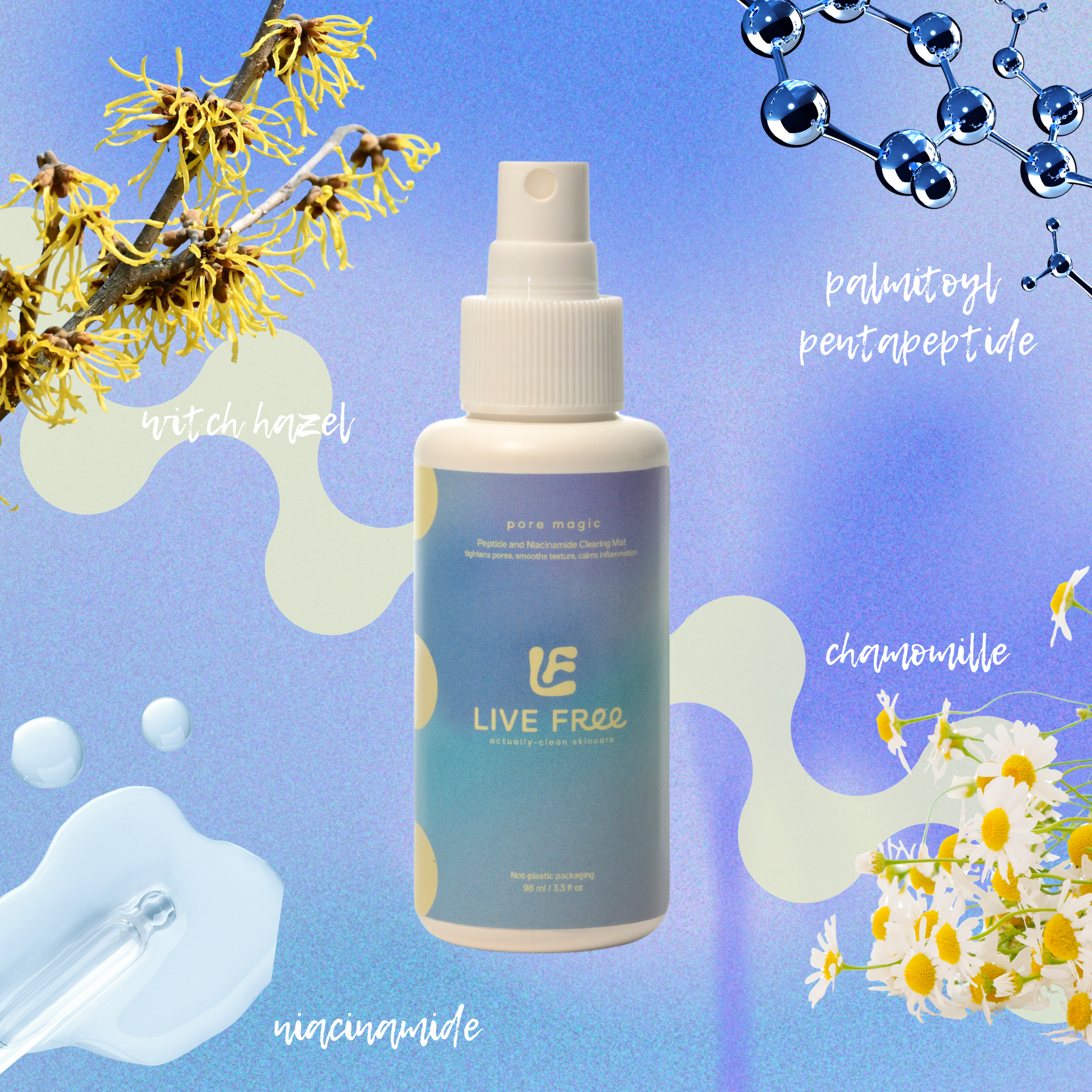 Close-up of Pore Magic niacinamide toner mist with plant-based compostable packaging