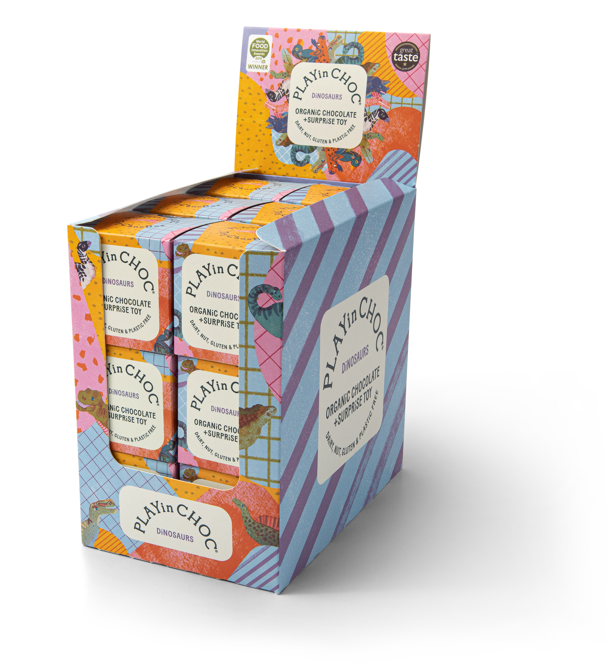 Playin Choc chocolate bars in colorful packaging on a white background