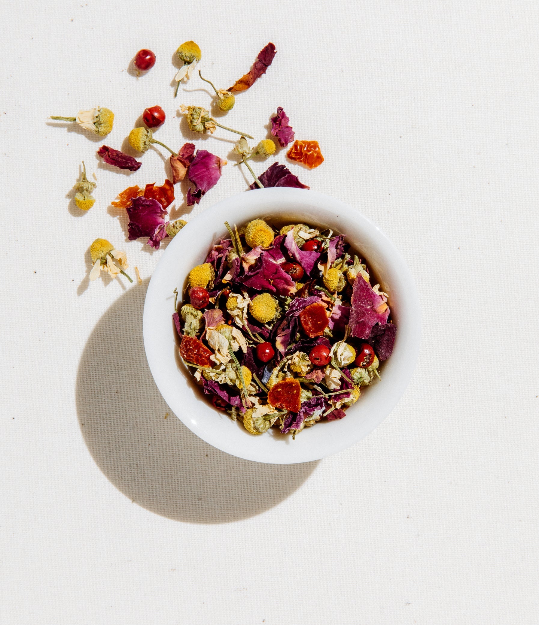 Lavender Chamomile Rose loose leaf herbal tea blend with dried chamomile flowers, rose petals, lavender, and pink peppercorn – Art of Tea