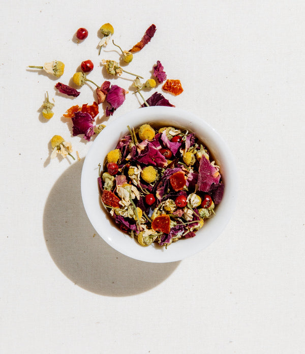 Lavender Chamomile Rose loose leaf herbal tea blend with dried chamomile flowers, rose petals, lavender, and pink peppercorn – Art of Tea