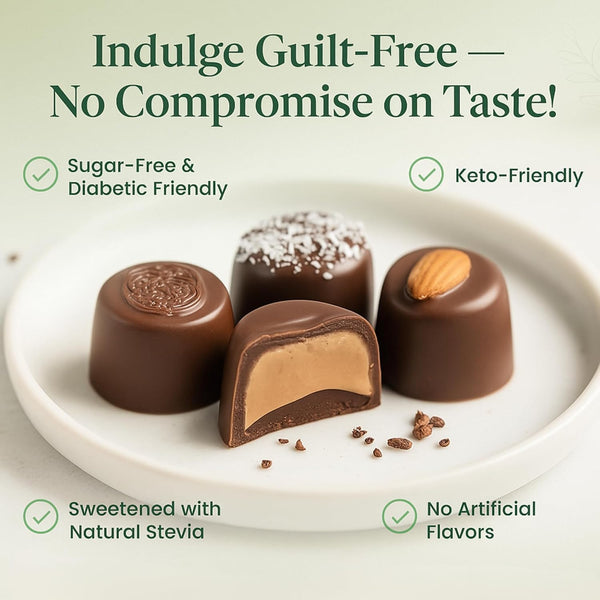 Chocolate truffles on a plate with health benefits text overlay