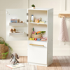 White cabinet with open doors displaying toys and items in a room setting.