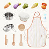 Collection of kitchen items including pots, pans, utensils, an apron, and toy vegetables on a white background.