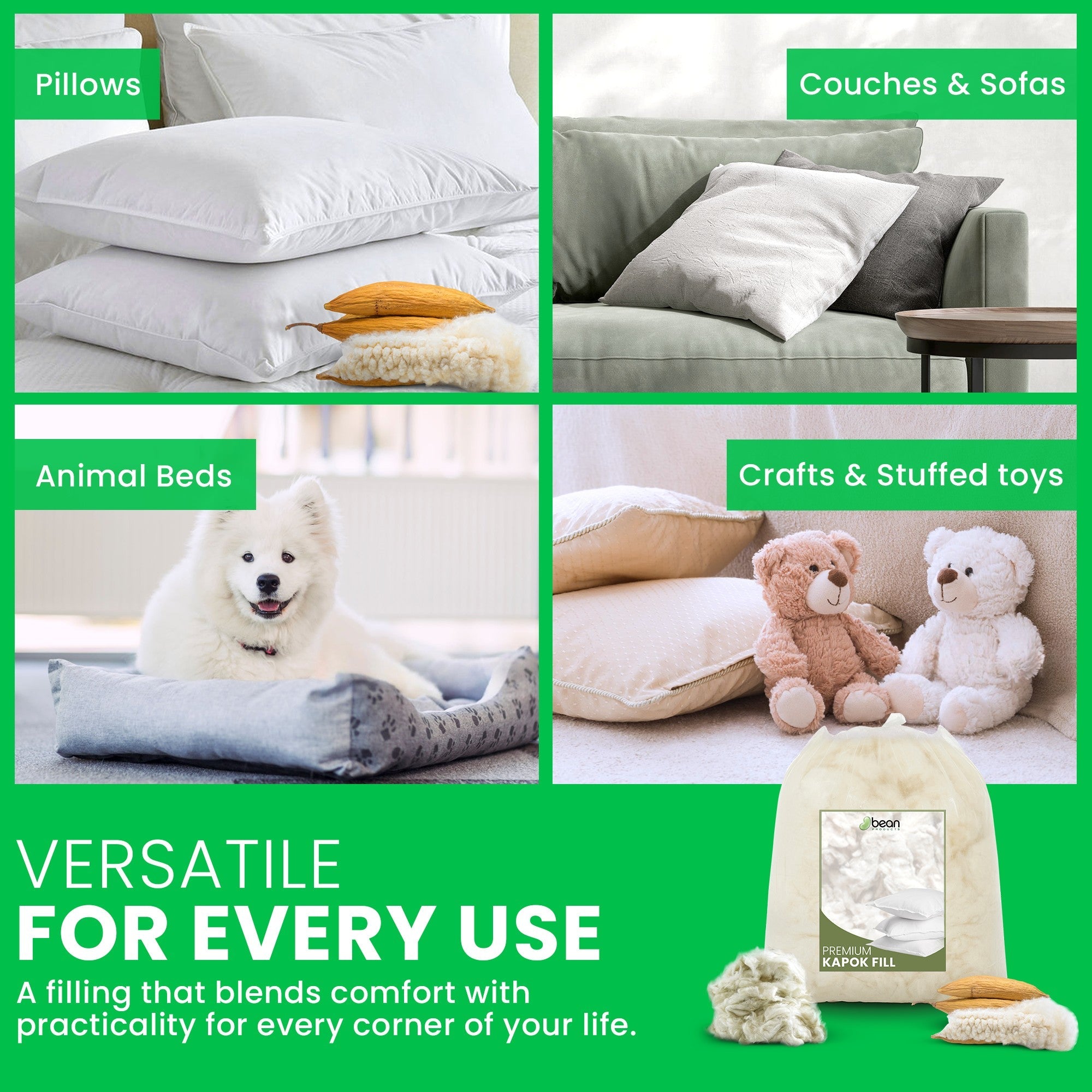 Collage of pillows, couches, animal beds, and crafts with text on a green background.
