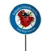 Garden sign with a ladybug illustration and text on a white background