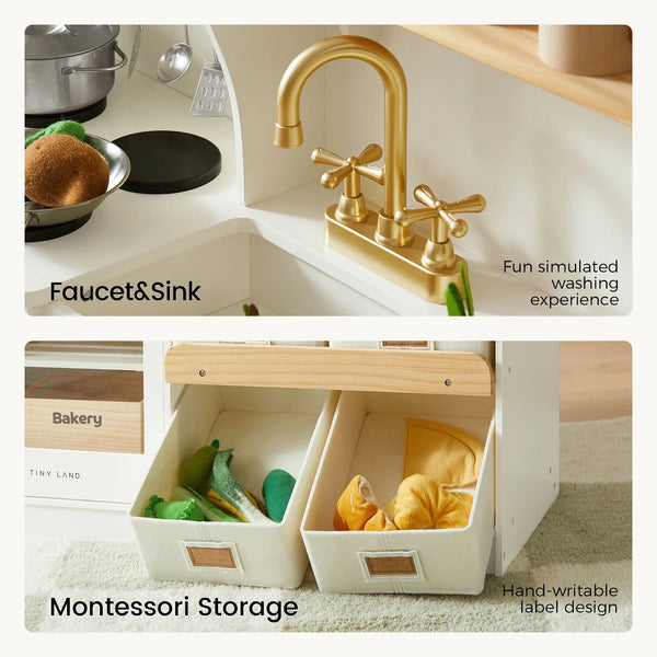 A two-panel product showcase of a miniature toy kitchen sink setup. The top panel shows a brass faucet and sink labeled 'Faucet&Sink' with play food and kitchen props.