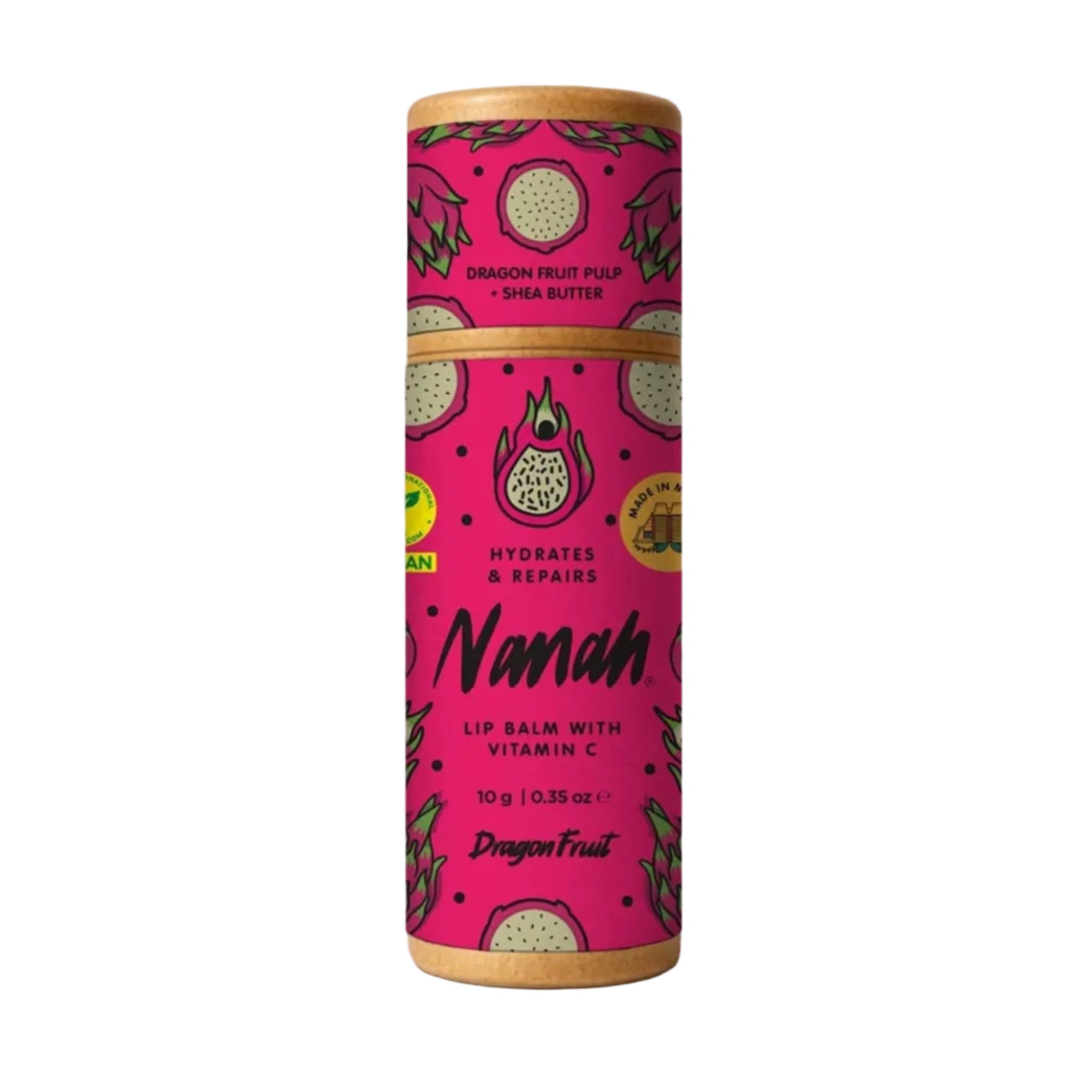 Lip balm container with pink label on a white background. Nourishing pitahaya & vitamin E lip balm with shea butter & coconut oil — repairs dry, chapped lips naturally. Plastic-free, handmade & chemical-free. Shop now.