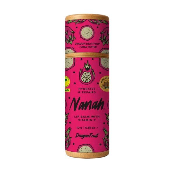 Lip balm container with pink label on a white background. Nourishing pitahaya & vitamin E lip balm with shea butter & coconut oil — repairs dry, chapped lips naturally. Plastic-free, handmade & chemical-free. Shop now.