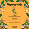Fragrance notes card with floral and coconut illustrations on an orange background