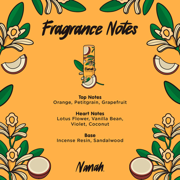 Fragrance notes card with floral and coconut illustrations on an orange background