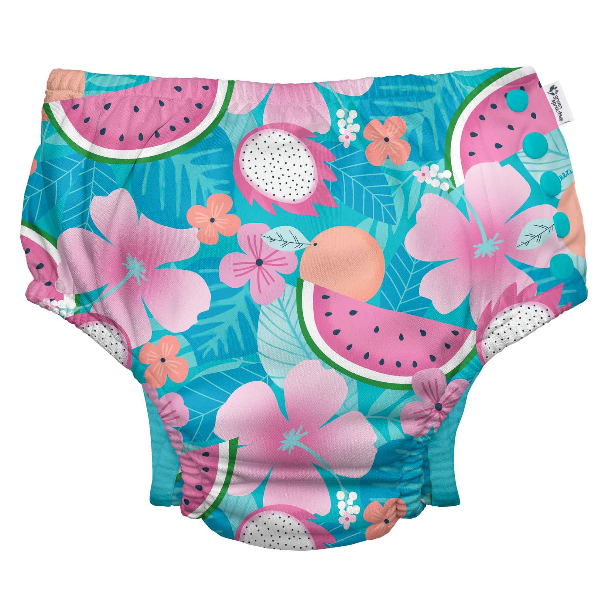 Tropical fun meets leakproof protection! The Eco Snap Swim Diaper (Tropical Collection) offers UPF 50+ sun protection, gussets for extra defense, & recycled materials. Shop worry-free, eco-friendly swimming now!
