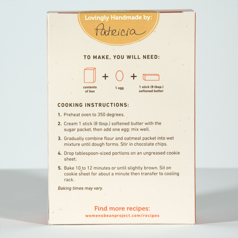 Cookbook or recipe card with baking instructions and branding on a light background