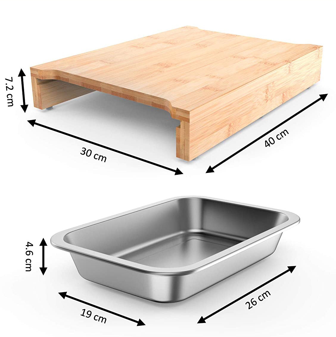 Dimensions of a wooden cutting board and stainless steel tray on a white background