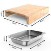 Dimensions of a wooden cutting board and stainless steel tray on a white background
