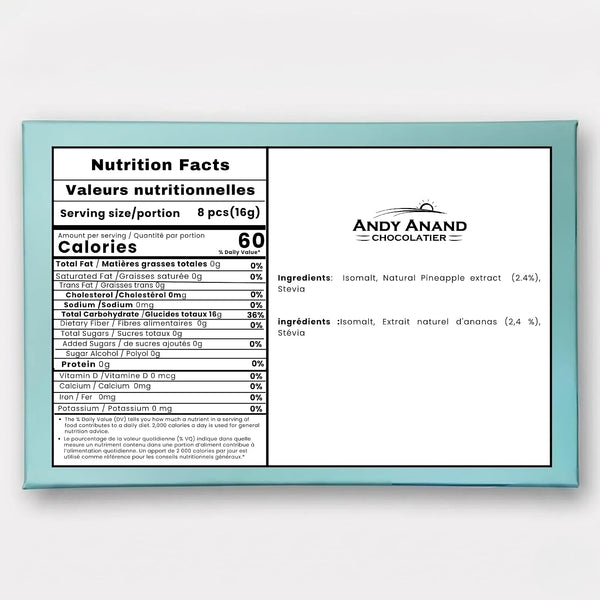 A square chocolate bar package or wrapper shown on a light gray background. The front features a large black Nutrition Facts panel styled like a food label on the left, with the brand name 'ANDY ANAND CHOCOLAIER' printed on the right.
