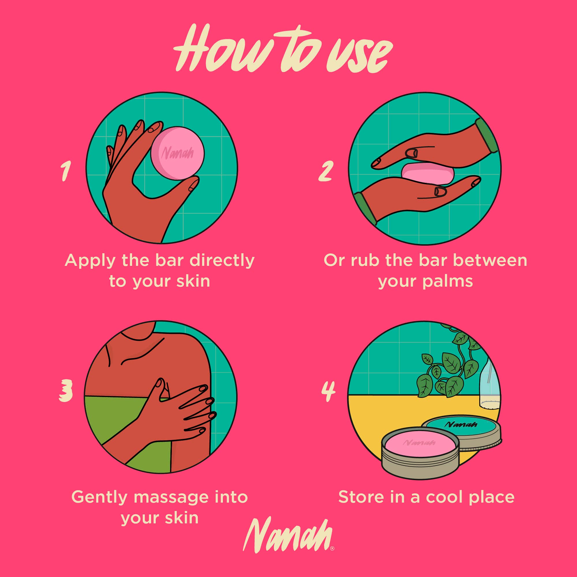 Instructions on how to use a product with illustrations and text on a pink background
