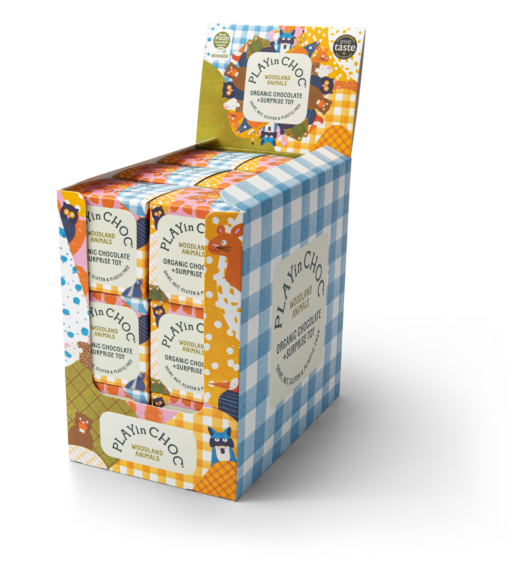 Play'n Choc chocolate packaging with colorful design on a white background