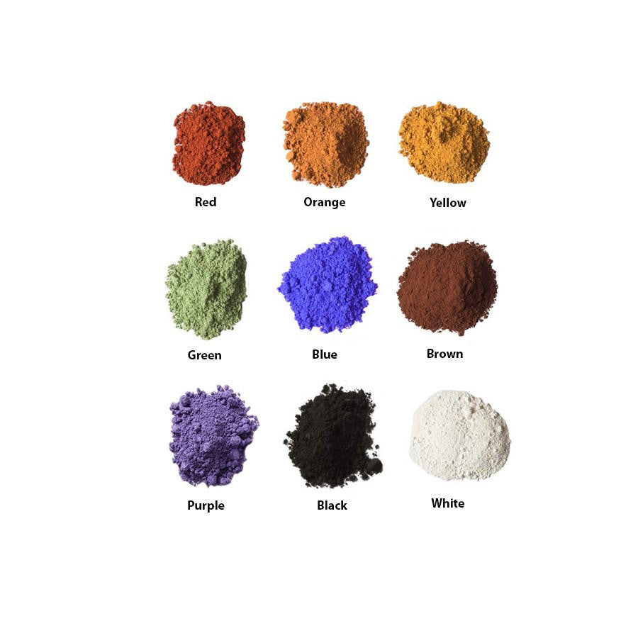 Assorted colors of powder including red, orange, yellow, green, blue, brown, purple, black, and white on a white background.