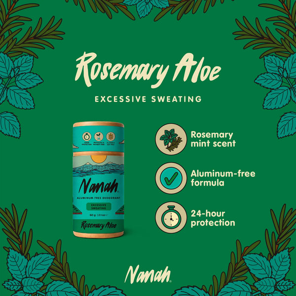 Nanah Rosemary Aloe product on a green background with rosemary leaves. NANAH Rosemary natural deodorant — aluminum-free, 24-hour protection for excessive sweating. Magnesium, zinc ricinoleate & rosemary oil. Plastic-free. Shop now.