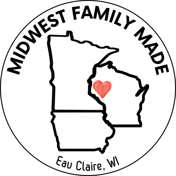 Logo with outline of Wisconsin, red heart, and 'Midwest Family Made Eau Claire, WI' text.
