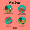 Instructions on how to use a perfume product with illustrations and text on a pink background.