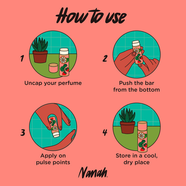 Instructions on how to use a perfume product with illustrations and text on a pink background.
