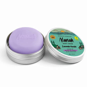 NANAH Lavender Vanilla Body Cream Bar in a silver container with green label — shea butter and vitamin E solid moisturizer, plastic-free and handmade