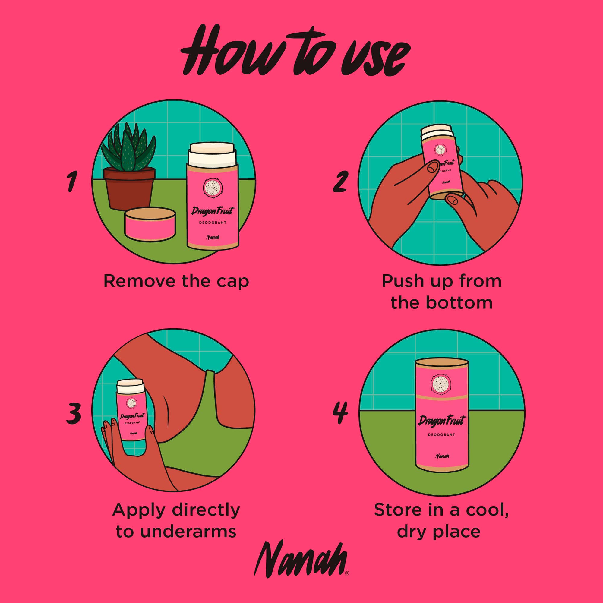Instructions on how to use a product with illustrations and text on a pink background. Natural Pitahaya Deodorant — Aluminum-Free Solid Deodorant with Magnesium & Dragon Fruit | 24-Hour Protection, Plastic-Free & Handmade