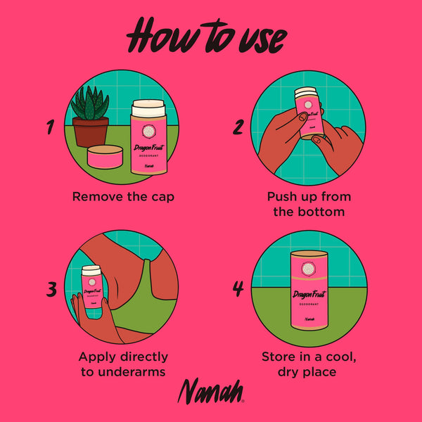 Instructions on how to use a product with illustrations and text on a pink background. Natural Pitahaya Deodorant — Aluminum-Free Solid Deodorant with Magnesium & Dragon Fruit | 24-Hour Protection, Plastic-Free & Handmade