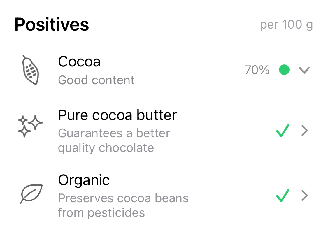 List of positive attributes of a product with icons and text on a white background, Yuka usa app informations about very good chocolate.Discover the exquisite taste of Pacari's Raw Unroasted Organic Chocolate Bar. This 70% cacao bar, made with Fair Trade and Vegan Arriba Nacional beans, is the perfect Christmas gift for any chocolate connoisseur.