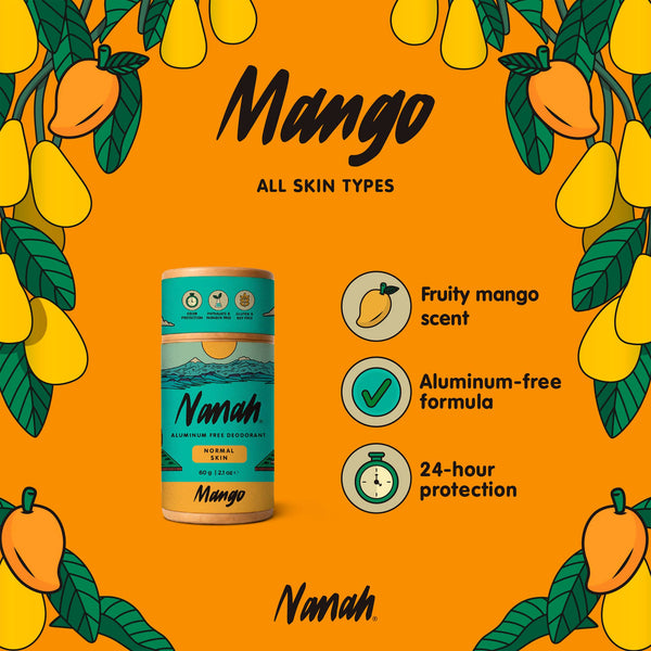 Mango skincare product with illustrations of mangoes on an orange background. NANAH Natural Mango deodorant — aluminum-free, 24-hour protection for normal skin. Mango butter, magnesium & zinc ricinoleate. Plastic-free & family safe. Shop now.