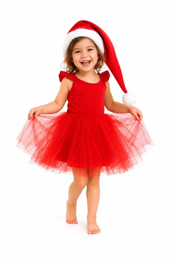 Red Elf Holiday Dress – Cotton Tutu Dress & Hat for Baby & Kids