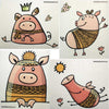 Mixed Cute Pigs set of 4 Swedish dishcloths in four unique pig designs, eco-friendly absorbent cleaning cloths