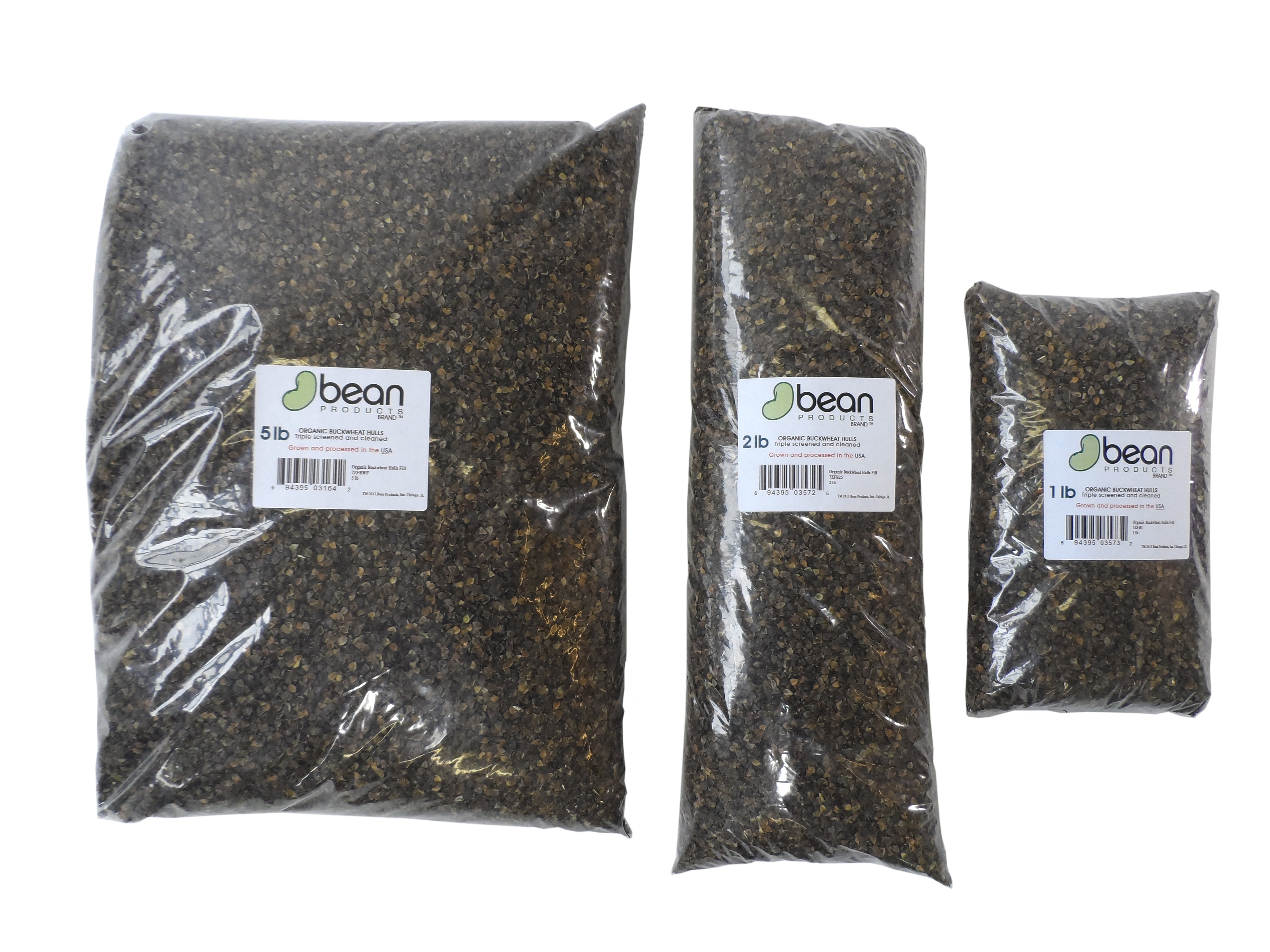 Three packages of 'bean' seeds with labels on a white background