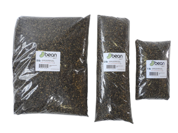 Three packages of 'bean' seeds with labels on a white background