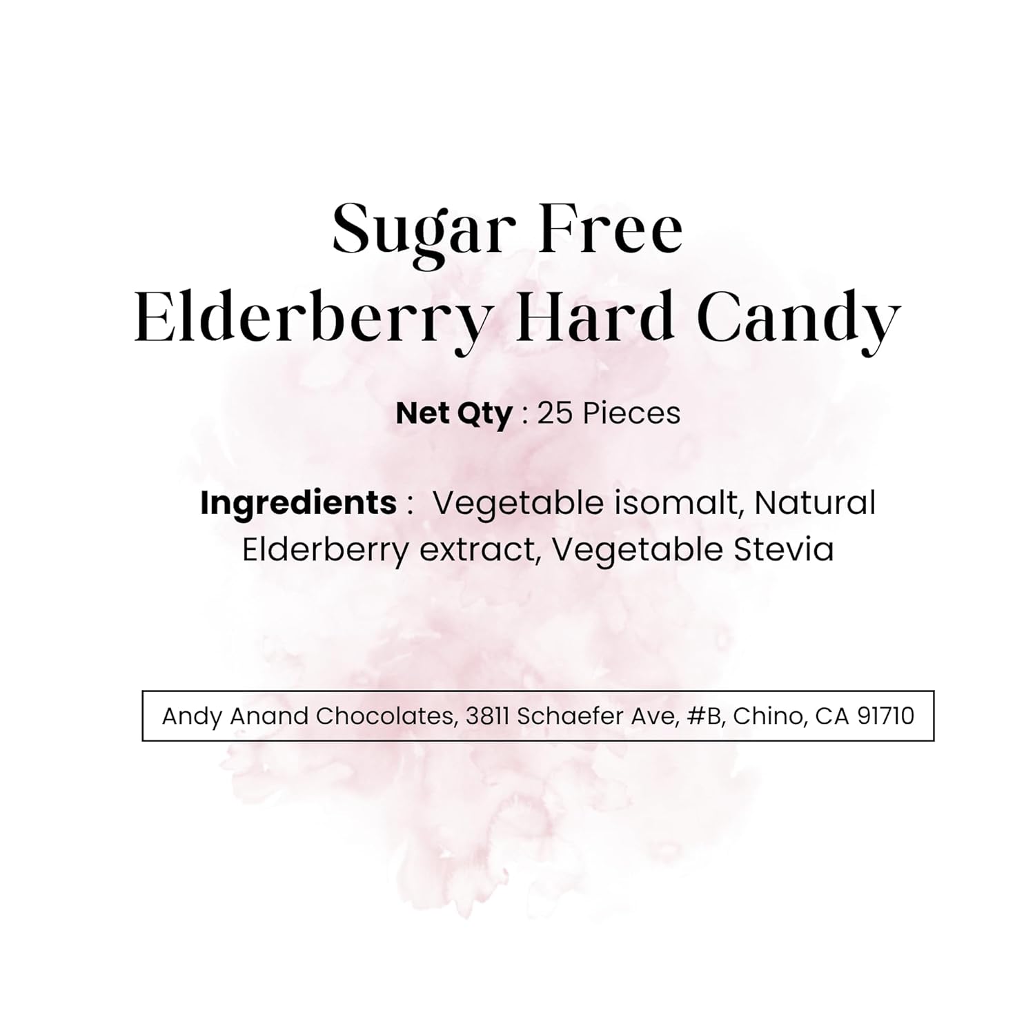 Label for sugar-free elderberry hard candy with product details and contact information.