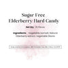 Label for sugar-free elderberry hard candy with product details and contact information.