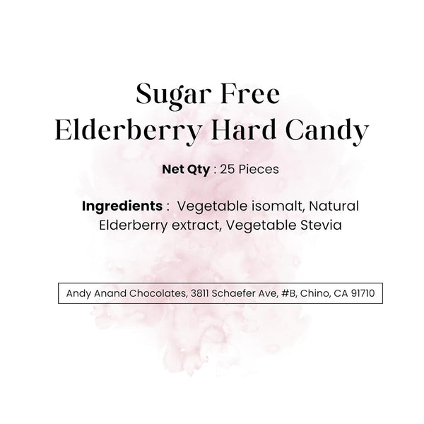 Label for sugar-free elderberry hard candy with product details and contact information.