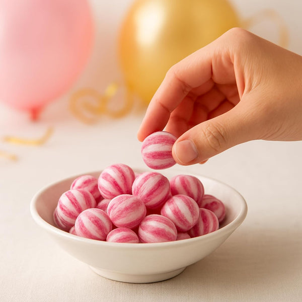 Hand picking a pink and white striped candy from a bowl with balloons in the background
