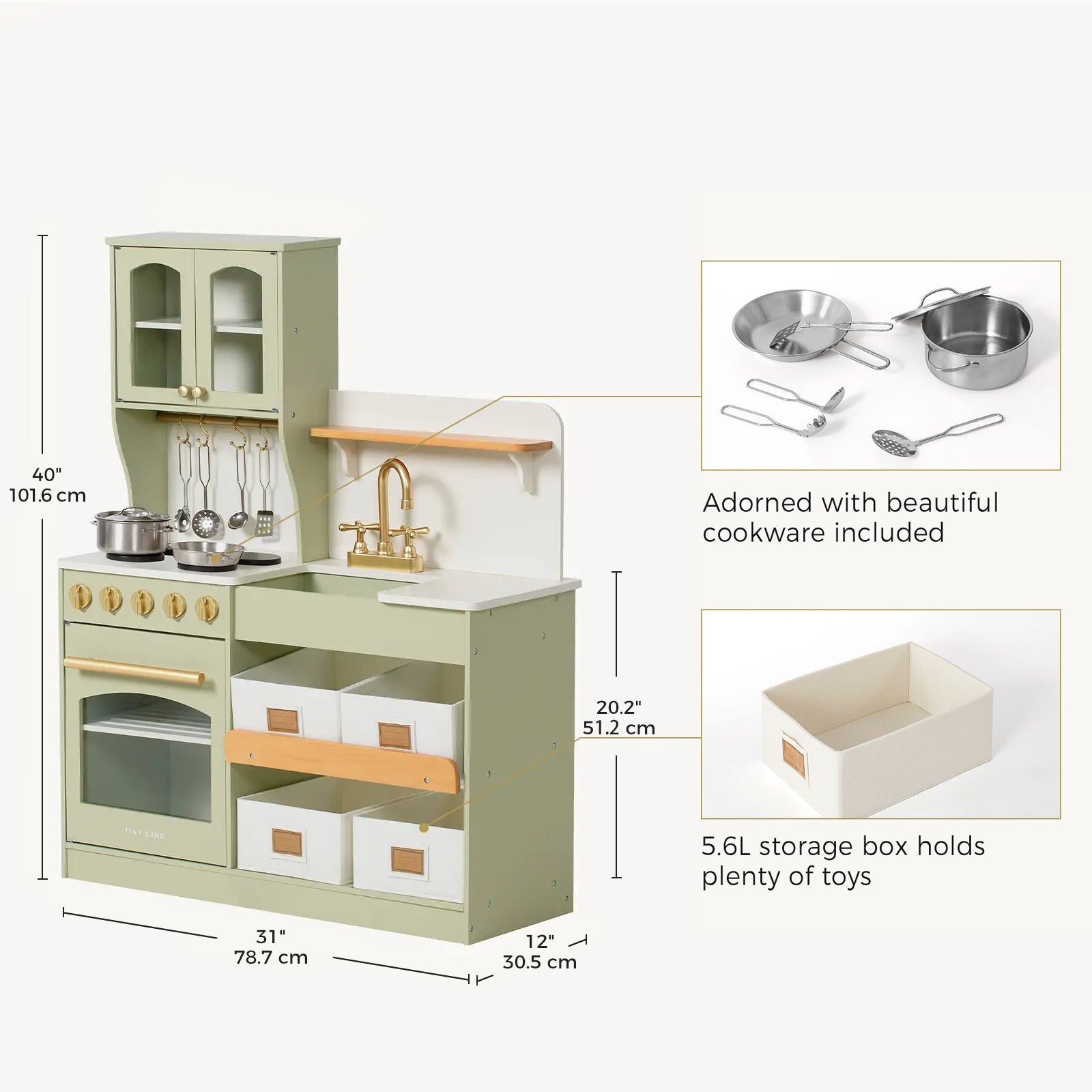 Children's play kitchen set with measurements and included cookware on a white background
