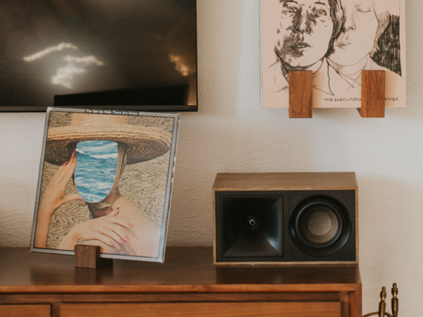Wooden speaker on a shelf with framed artwork in a room setting