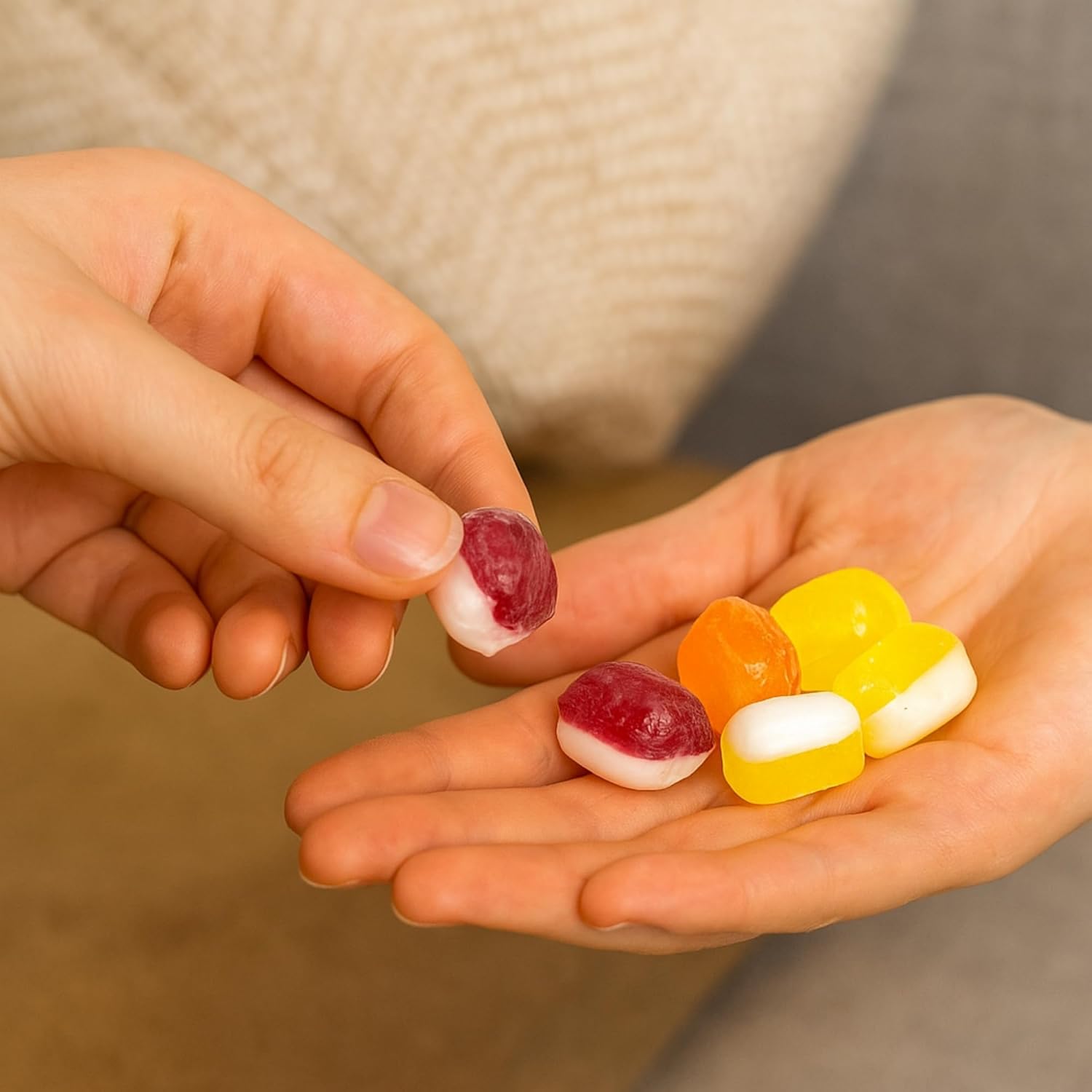 Two hands holding colorful jelly beans against a neutral background