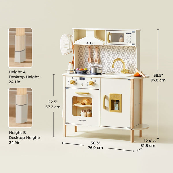 Children's play kitchen set with measurements on a beige background