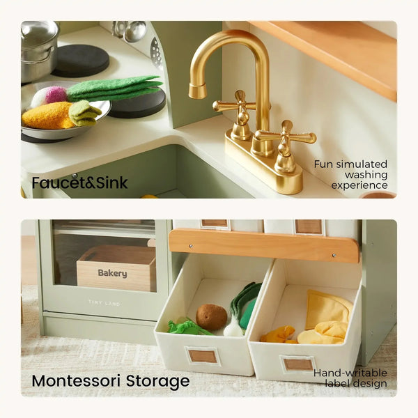 A two-panel collage showing a kitchen faucet and sink setup in the top panel and Montessori storage bins in the bottom panel, both styled in a warm, clean interior setting with text overlays.
