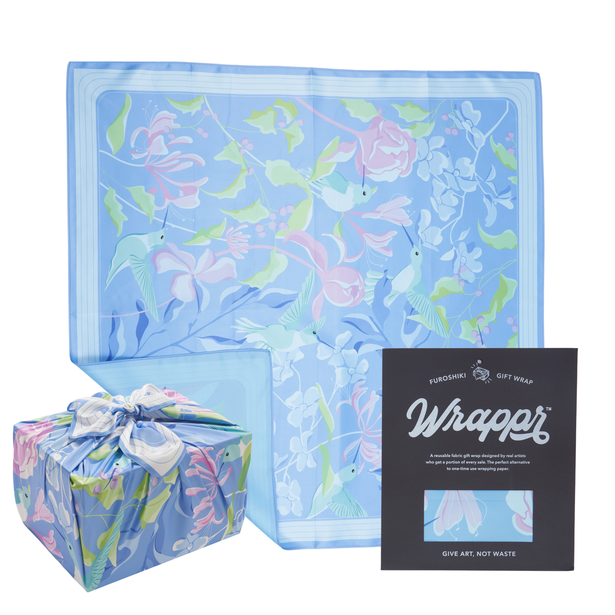 Eco-friendly furoshiki fabric gift wrap folded and tied around a gift, showcasing zero-waste wrapping alternative to single-use paper