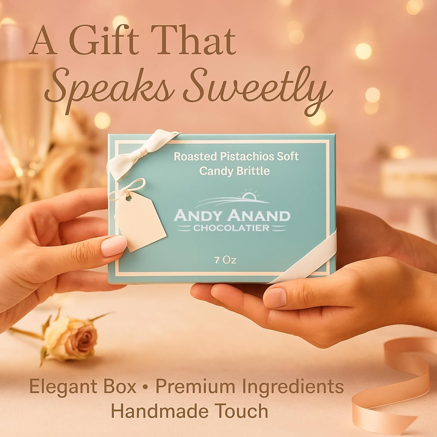 Andy Anand Chocolatier candy brittle box held by two hands with a romantic background.