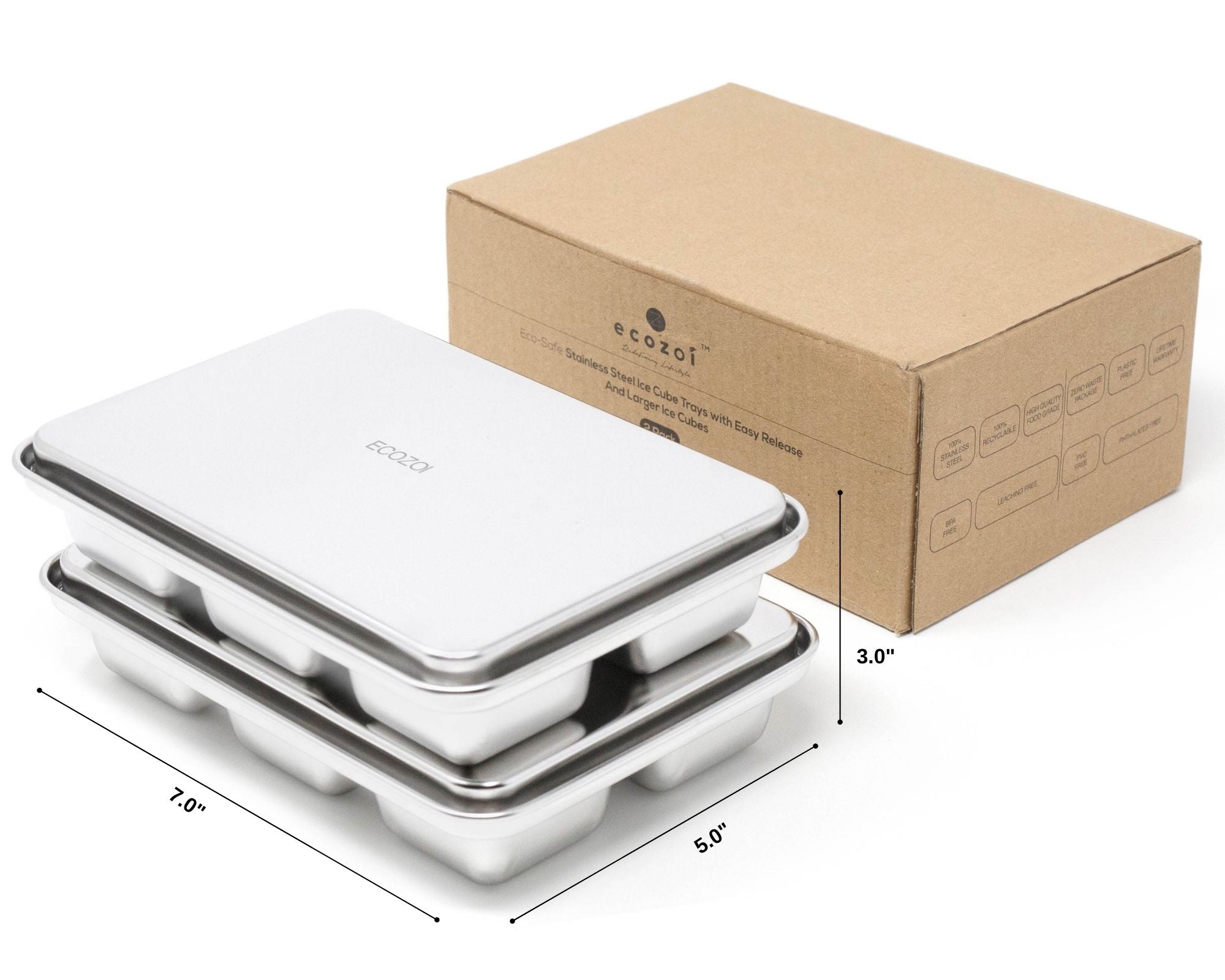 Ecozoi stainless steel ice cube tray dimensions showing 7 inch by 5 inch size