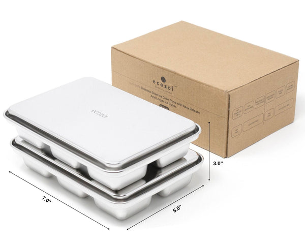 Ecozoi stainless steel ice cube tray dimensions showing 7 inch by 5 inch size
