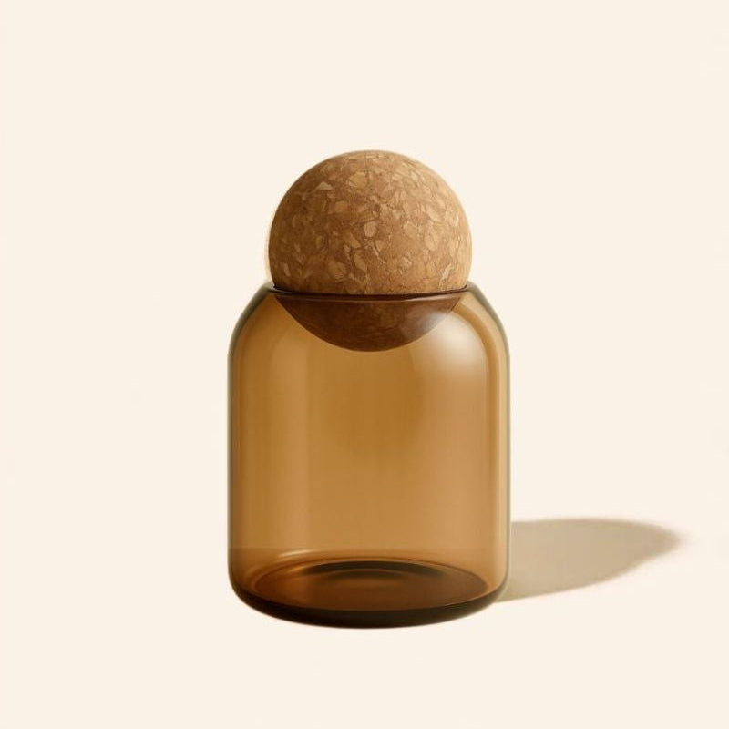 Brown glass bottle with cork stopper on a beige background